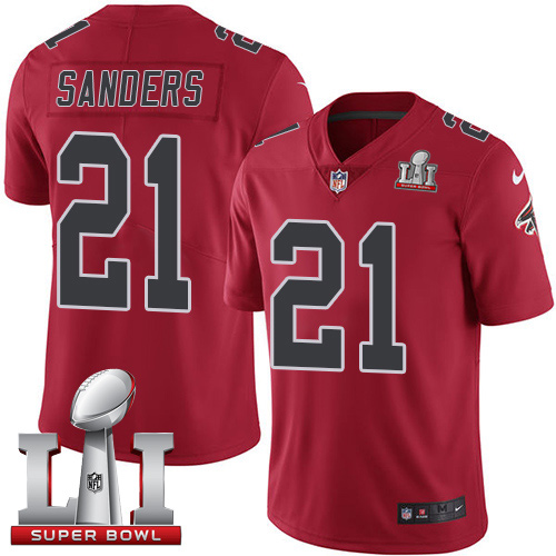 Nike Falcons #21 Deion Sanders Red Super Bowl LI 51 Men's Stitched NFL Limited Rush Jersey - Click Image to Close